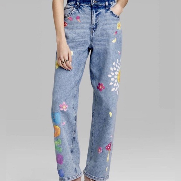 Wild Fable Jeans Peace Mushroom Painted Hippie Boho. Med Wash. Wmn’s 6 - Picture 2 of 11